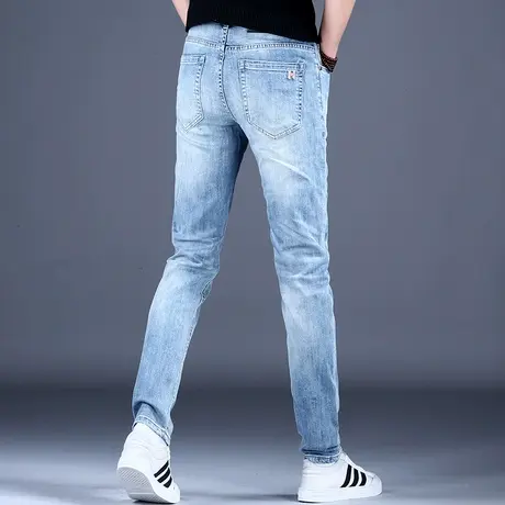 2023男士秋冬新款牛仔裤男款浅蓝色简约修身小脚裤子潮牌弹力百搭图片
