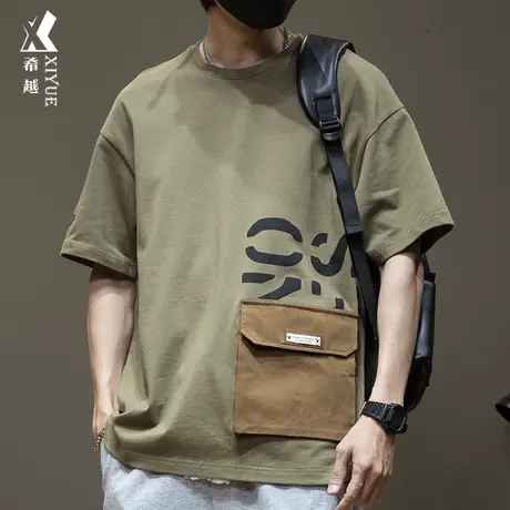 夏季潮牌重磅短袖t恤男胖子口袋上衣男士宽松大码加肥半截袖男装商品大图