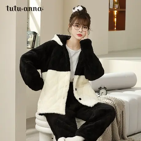 tutuanna家居服套装 秋冬睡衣女绗棉熊猫耳朵连帽长袖长裤两件套图片