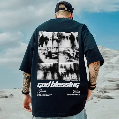 2025重磅潮牌宽松T恤美式短袖五分袖纯棉加肥加大码男装男款半袖商品大图