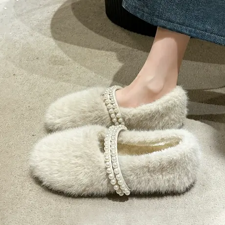爆款2023年冬新款时尚毛毛鞋女加绒珍珠链条棉瓢鞋网红超火豆豆鞋商品大图