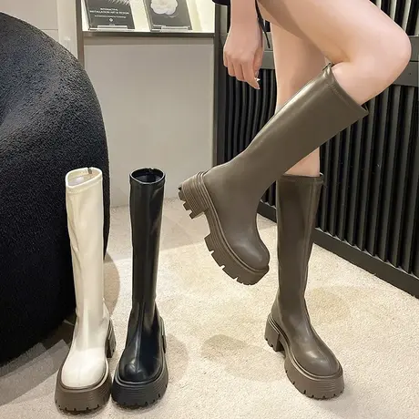 厚底长筒靴女2023春秋季新款英伦风百搭瘦瘦靴粗跟高跟增高骑士靴商品大图