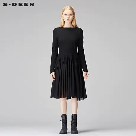 sdeer圣迪奥2018秋装女复古优雅雪纺拼接褶皱羊毛连衣裙S17381287图片