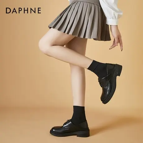 达芙妮黑色小皮鞋女英伦风夏2021年新款系带复古方头粗跟平底单鞋图片