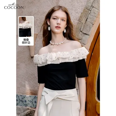 missCOCOON撞色波点一字领针织t恤女装2023夏装新款百搭短袖上衣商品大图