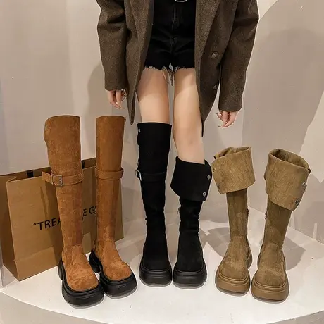 长筒靴女2023秋冬季新款复古厚底过膝靴两穿粗跟瘦瘦靴时尚弹力靴商品大图