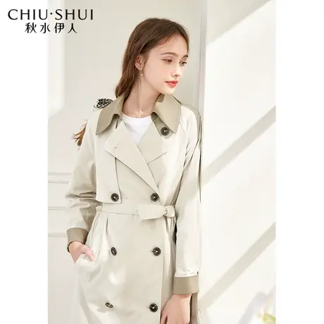 秋水伊人撞色衬衫春秋装2022新款女装时尚双排扣不对称风衣外套女图片