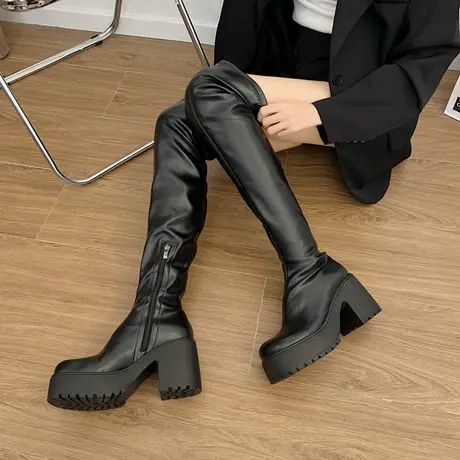 过膝靴子女长筒靴女2023新款冬季加绒长靴高跟鞋皮靴高筒靴瘦瘦靴图片