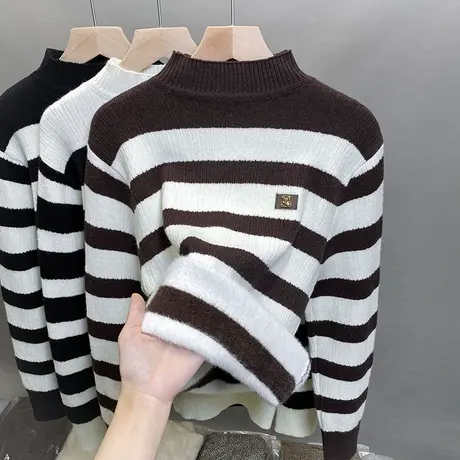 一体绒半高领毛衣女加绒厚打底衫2023秋冬新款条纹针织衫内搭上衣商品大图