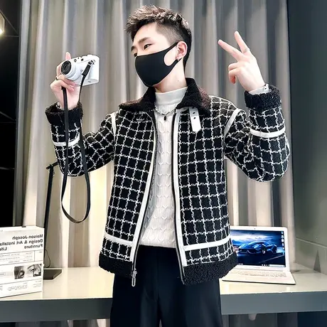 冬季2023新款潮牌修身休闲羊羔毛拼接棉衣男轻熟加厚格子棉服外套商品大图