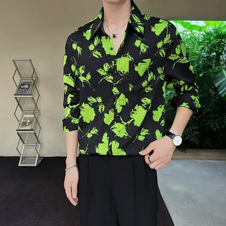 2023秋季新品休闲宽松长袖花色衬衫小众ins复古帅气上衣潮男衬衣商品大图
