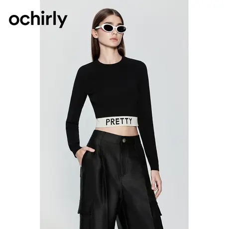 【购后】ochirly欧时力 休闲运动风长袖针织衫女秋装短款上衣修身商品大图