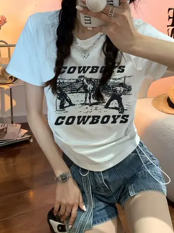 美式复古印花上衣修身显瘦学生辣妹性感体恤夏修身显瘦正肩t恤女商品大图