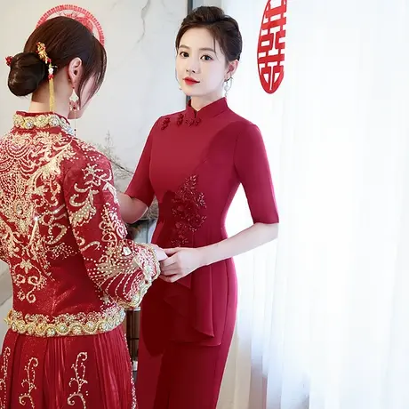结婚中式妈妈旗袍喜婆婆婚宴装礼服年轻丈母娘秋装参加婚礼连衣裙图片