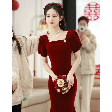 鱼尾敬酒服新娘高级感修身法式方领订婚礼服女夏季红色连衣裙长款商品大图