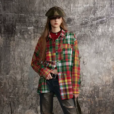 复古拼接格子衬衫女2024年春季新款美式街头潮牌宽松oversize衬衣图片