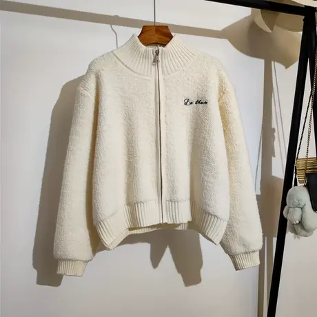 立领拉链毛衣外套女秋冬新款慵懒风字母刺绣宽松针织开衫上衣加厚商品大图