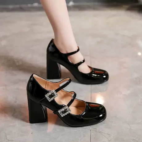 法式玛丽珍鞋女2024春夏新款方头粗跟jk浅口单鞋仙女风百搭高跟鞋图片