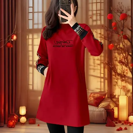 红色薄绒卫衣女百搭上衣春秋2025新款中长款打底衫遮屁股洋气妈妈图片