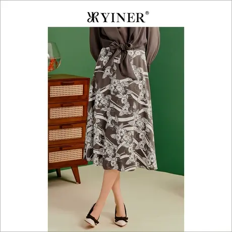 YINER音儿女装夏季优雅时尚印花显瘦A字型过膝半身裙图片