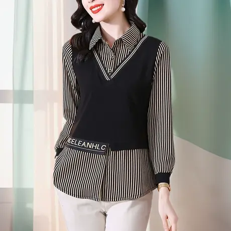 拼接长袖女士衬衫春秋装2025年新款假两件新中式高端上衣中年妈妈商品大图