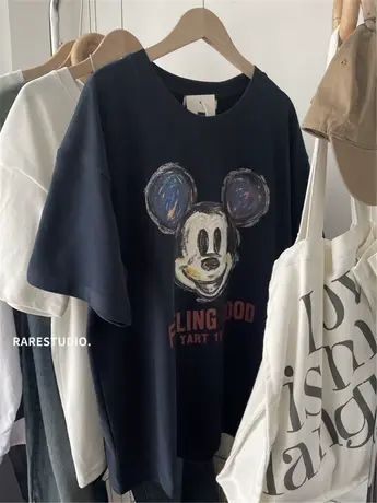 早春新款磨毛棉加厚彩绘米奇头印花减龄休闲宽松百搭洋气短袖T恤商品大图