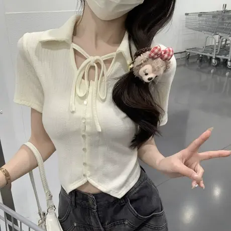 绑带设计感polo衫短袖t恤女夏季修身别致chic甜辣风短款正肩上衣图片