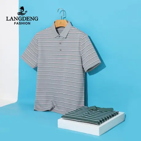 [含丝光棉]浪登2023夏季男士休闲条纹短袖T恤衫翻领百搭polo衫男商品大图