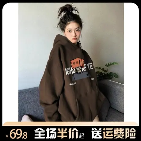 美式复古连帽卫衣女秋冬加绒加厚vintage潮牌小众设计感宽松外套商品大图