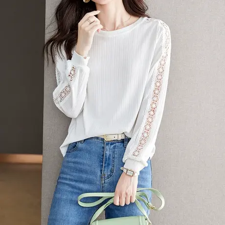 韩潮袭人时尚圆领镂空长袖T恤百搭显瘦通勤白色套头上衣图片