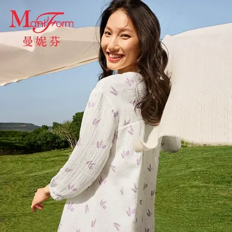 曼妮芬双层纱纯棉家居服长袖裙装起居服睡裙女士春秋睡衣20310786图片