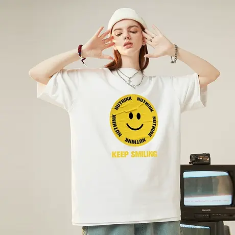 Nuthink宽松笑脸体恤衫男潮短袖T恤潮牌国潮潮流加肥加大男款上衣商品大图