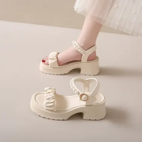 仙女风粗跟凉鞋女外穿2024夏季新款小个子时尚厚底时装鞋子配裙子商品大图