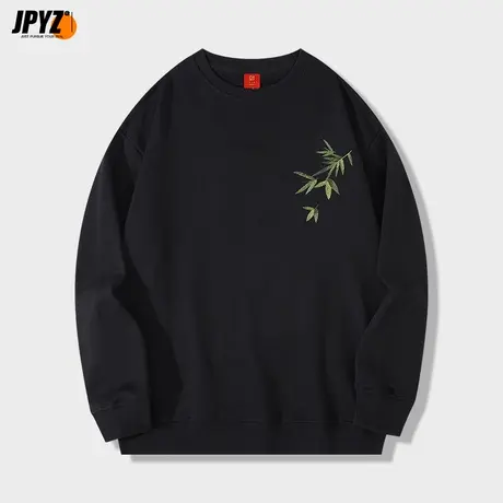 国潮刺绣黑色百搭卫衣秋冬款男女同款圆领纯棉加肥加大宽松外套衫商品大图