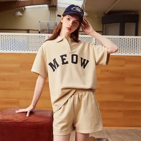 a022024夏季新款宽松休闲舒适短袖短裤套装百搭慵懒POLO衫上衣图片