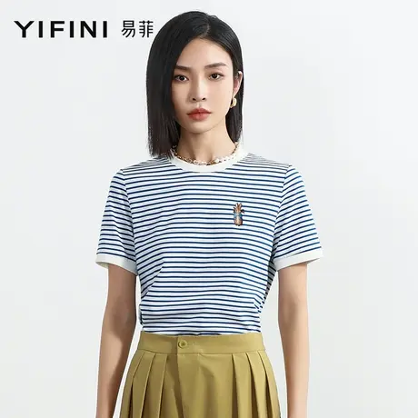 Yifini/易菲纯棉圆领条纹绣花T恤女2023夏季新款复古百搭撞边上衣商品大图