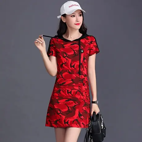 迷彩连衣裙女夏装2023新款韩版时尚宽松休闲运动连帽卫衣裙中裙子图片
