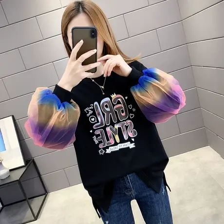 假两件卫衣女春秋薄款蕾丝网纱拼接宽松韩版2021新款爆款潮ins商品大图