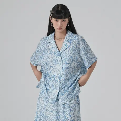 omont蛋挞家 花海翻领短袖衬衫女夏季薄款复古港风设计感别致上衣商品大图