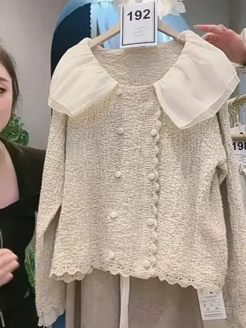 春季新款韩版甜美双排扣拼接荷叶领针织开衫毛衣外套减龄仙女上衣图片