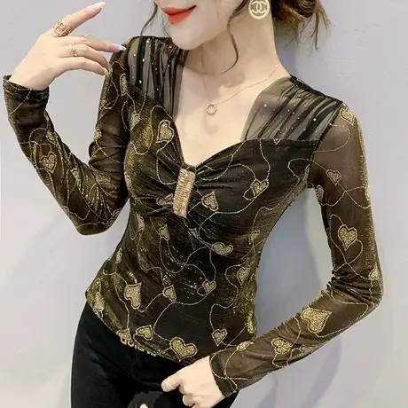 女装2023新款潮性感V领T恤时尚亮丝网纱上衣紧身内搭打底衫女长袖商品大图