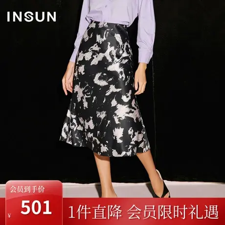 恩裳COVER2023秋季新款缎面光泽感抽象印花松紧腰小鱼尾半身裙女图片