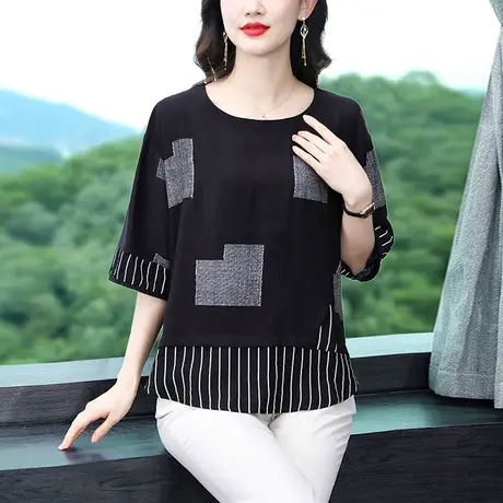 中袖大码宽松气质t恤夏季2023年新款时尚妈妈装时髦减龄遮肚小衫图片