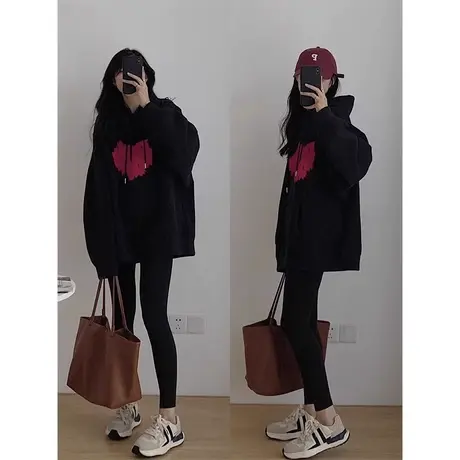 爱心印花连帽卫衣女2023秋冬新款宽松休闲套头外套配鲨鱼裤的上衣商品大图