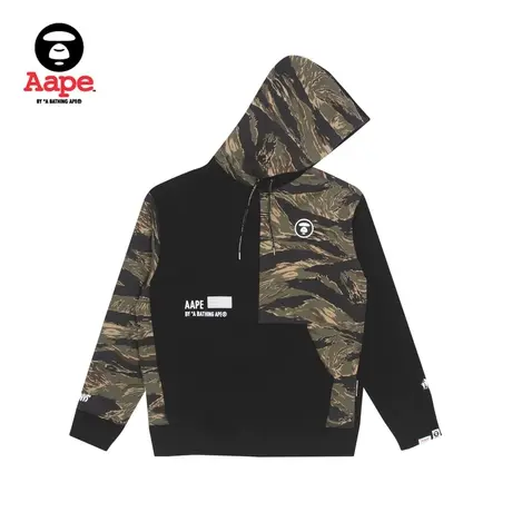 Aape旗舰店男装秋冬猿颜硅胶章印花迷彩拼接口袋加绒卫衣3823XXH图片