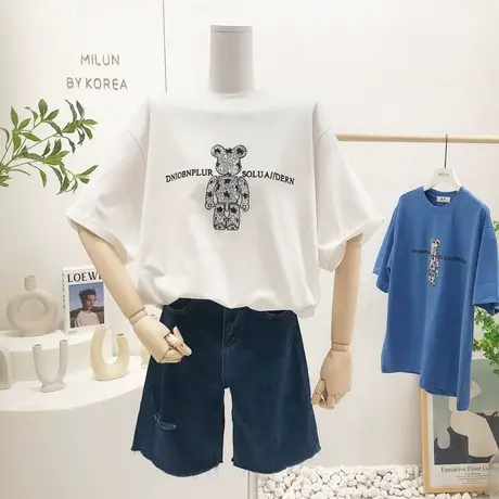 2022春夏款韩国东大门小众设计感亮片熊半袖T恤时髦简约欧货大码图片