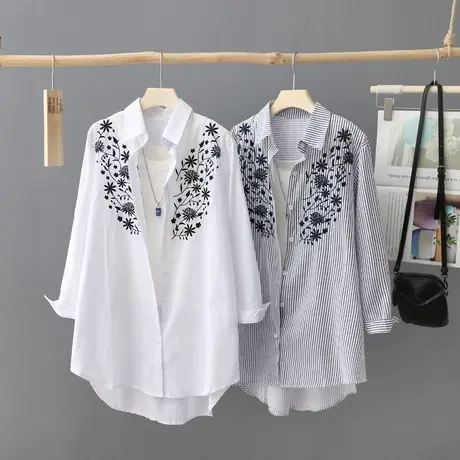 秋季新款中长款文艺刺绣衬衫女韩版宽松设计感小众衬衣上衣薄外套商品大图