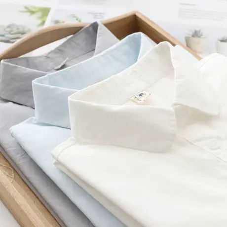 2020春季新款韩版小清新文艺纯色白衬衫女学生娃娃领职业修身衬衣商品大图