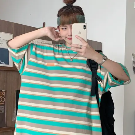 条纹短袖t恤女2021年新款夏季宽松韩版纯棉设计感小众上衣服ins潮商品大图