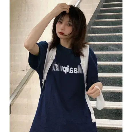 纯棉印花字母短袖t恤女夏季宽松设计感chic港味半袖休闲百搭上衣商品大图